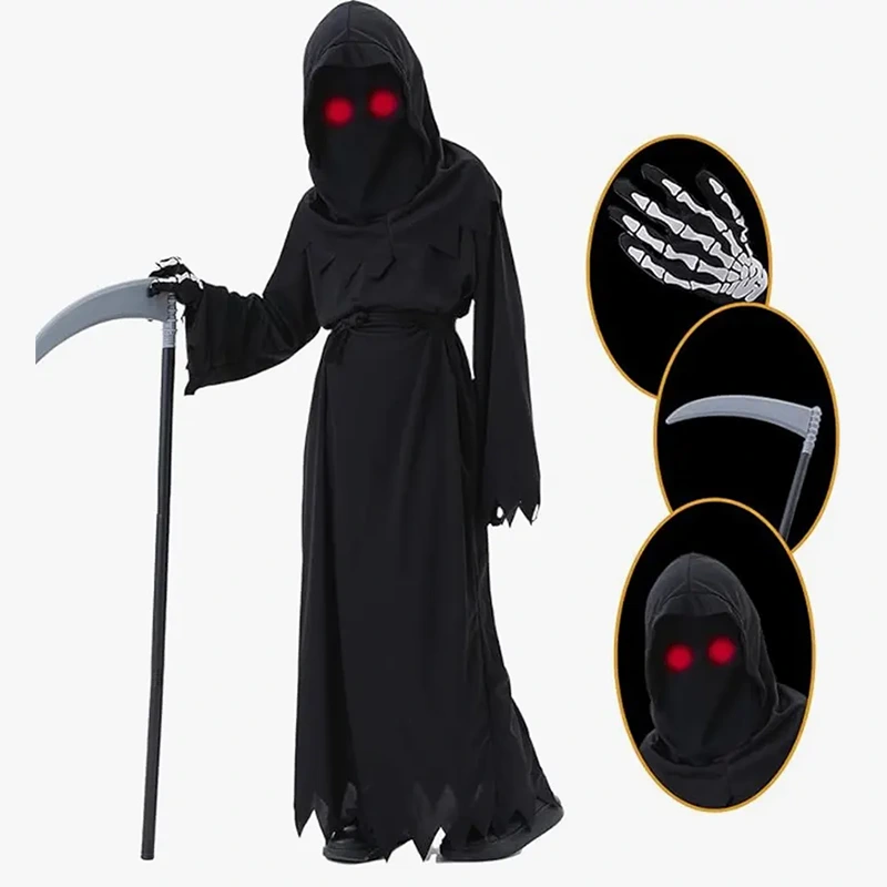 Halloweenowa sesja zdjęciowa Fajna czarna dziecięca szata Ponurego Żniwiarza