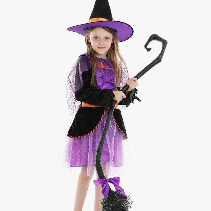 Halloweenowa sesja zdjęciowa Fioletowa świecąca dziecięca sukienka czarownicy
