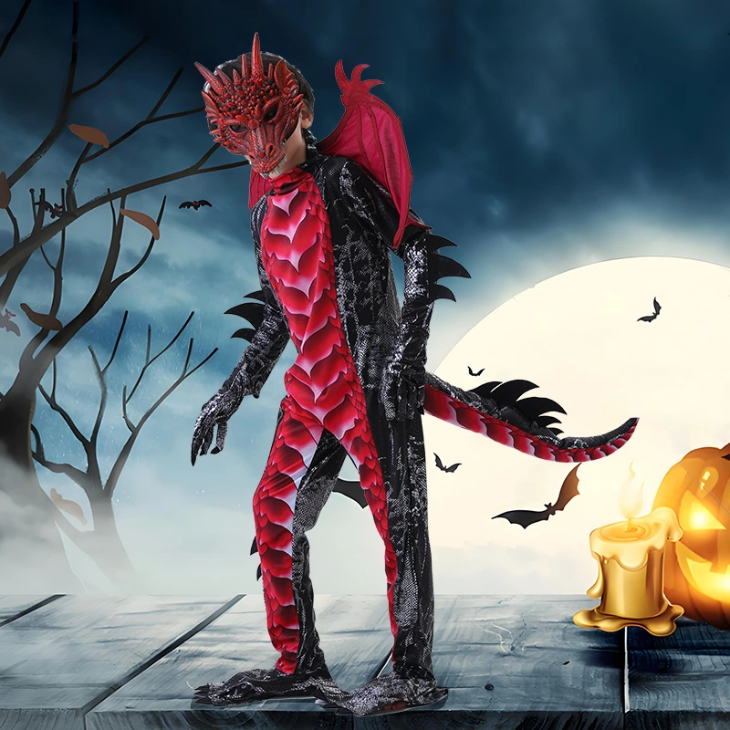Kostium smoka w kolorze czerwonym i niebieskim dla dzieci na Halloween do sesji zdjęciowej